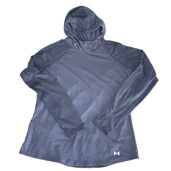 Under Armour Run ColdGear Hoodie Top Women's L | Blue Stripe Performance | EUC - Picture 1 of 10